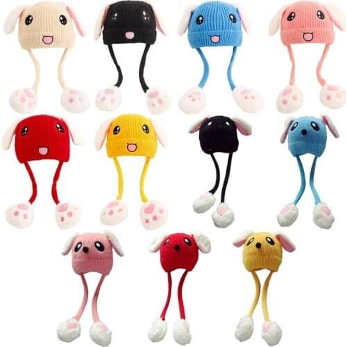 Toddler Kids Cute Rabbit Face Embroidery Knitted Hat with Airbag Moving Ears Winter Warm