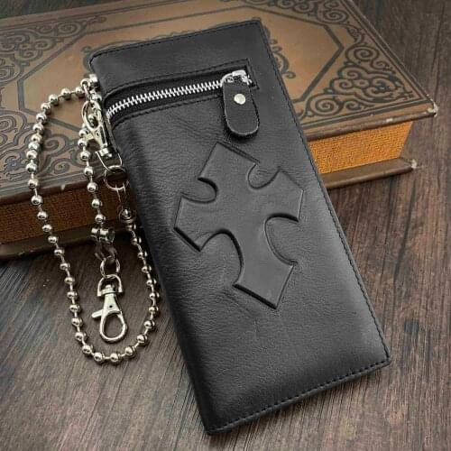 Gothic Cross Biker Men Genuine Leather Long Wallet Purse with Chain