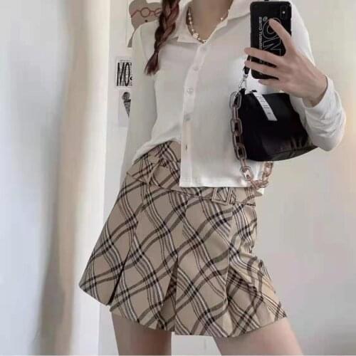 KoukiMa 2021 Plaid Skirt New Sweet Plaid Pleated Ladies Short Skirt With High Waist Skirtbelt Mini Pleated Skirt