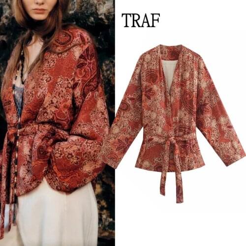 TRAF Za 2021 Autumn Coat Womens Clothing Fashion With Belt Long Sleeve Womens Jackets Vintage Print Loose Kimono Women Coat