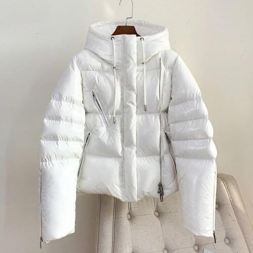 Glossy Down Jacket Women Streetwear 2021 New White Hooded Short 90% White Duck down Coat Black Loose Female Parka Zipper Outwear