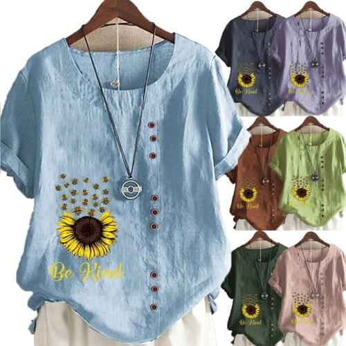Summer Casual Sunflower Honey Bee Print Loose T-shirts Vintage Cotton Linen O-Neck Plus Size Short Sleeve Blouse Tops For Women