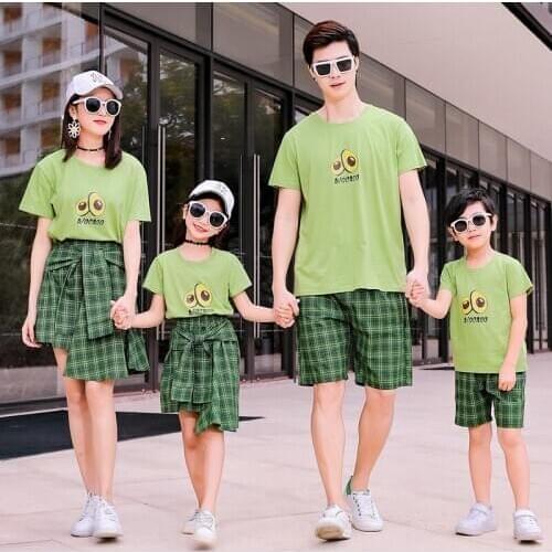 Summer Family outfits clothing mother Girl Shirt sets father Boy cotton Green T shirts & Plaid Pants 2pcs/sets family look