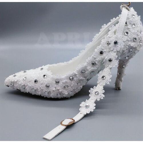 Sexy full lace white wedding pumps shoes bride point toes 9cm thin heels bridal brides silver crystal ankle strap wedding shoe