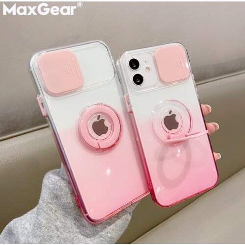 Slide Camera Lens Protection Gradient Clear Case For iPhone 11 12 Pro Max XS X S XR 8 7 Plus Ring Holder Stand Transparent Cover
