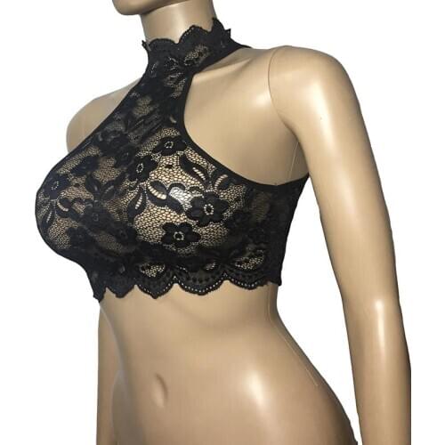 Sexy Black Sheer Floral Lace Skinny Crop Top Lingerie See Through Shirt Womens Camisole Mock Neck Tanks