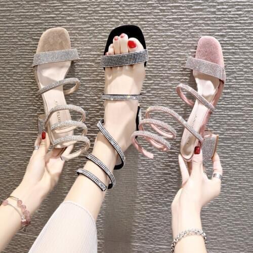 Rhinestones Wild Female Sandals Thick with Snake-shaped Winding Sandals Strap Snake-shaped Wrap Around Roman Womens High Heels