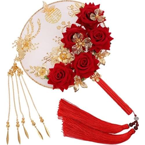 Tradition Ancient Chinese Bride Wedding Handheld Bouquet Round Fan Ancient Style Elegant Decoration Prop 32x22cm
