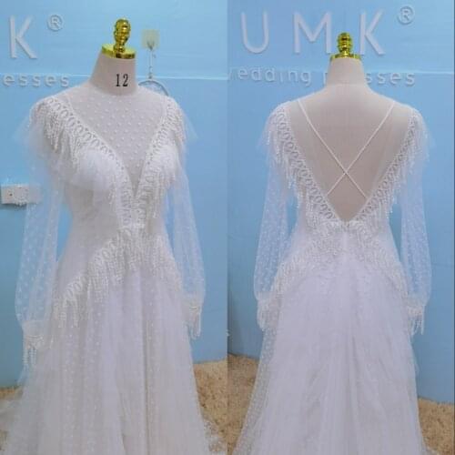 UMK Unique Dot Tulle Bohemia Wedding Dress 2021 Lace Chic Tassel Long Sleeve Boho Bridal Gowns Open Back Beach Vestido De Noiva