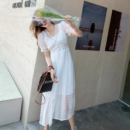 Hollow Out Midi Dress Puff Sleeve V-neck Summer Vestidos De Festa Pastel Fashion Dress Female Elegant Dresses For Women