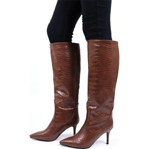 Brand Women Shoes Fine-rooted Pointed Toe Knee Boots Crocodile Pattern Faux Leather Winter Ladies Boots Black Brown Blue Boots