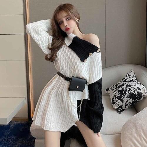 2021 Women Fashion Clothing Sexy Oversize Sweater Knit Korean Style Turtleneck Tops Elegant Pullover Casual With Belt bag 2PCS