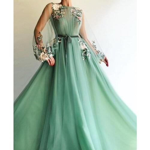 2021 Women Formal Party Night Long Vestidos De Gala Long Sleeves Evening Dress Elegant Illusion Prom Gowns Green Prom Dresses