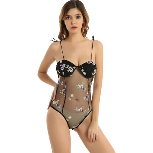 Womens Erotic Lingerie Bodysuits Floral Butterfly Embroidery See-through Mesh Backless Lace-up Sheer Leotard Sexy Costume