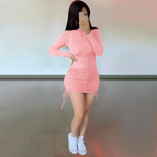 Sexy O-Neck Folds Mini Dress Autumn Women Solid Long Sleeve Bag Hip Nightclub Bodycon Bandage Dresses Female Party Streetwear