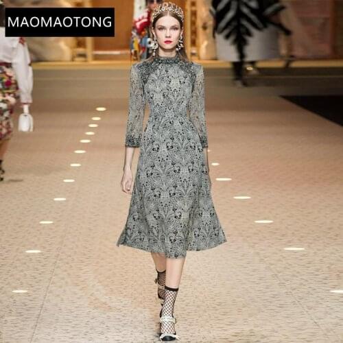 Womens Clothing 2021 Summer Vintage Elegant Party Dress Women Stand Collar Hollow Out Embroidered Print Chiffon Midi Dress