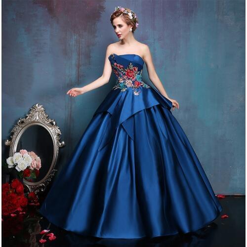 100% real royal blue embroidery ball gown victorian princess medieval dress Renaissance cosplay Victoria Antoinette/Belle Ball