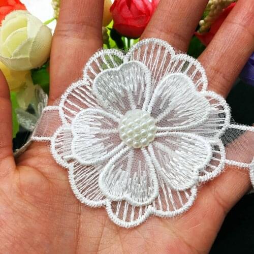 10X White Pearl Beaded Flowers French Laces Fabric Ribbon Embroidered Lace Trim Applique Wedding Dress DIY Sewing Craft