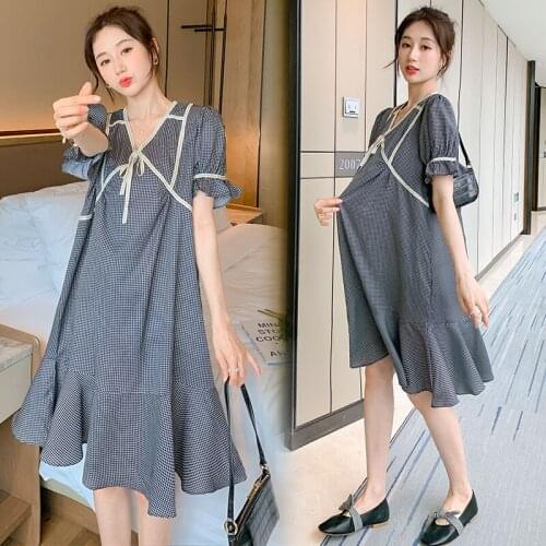 21765# Maternity Clothes Summer Chiffon Short Sleeves Loose Casual Stylish Dress Pregnant Women Mom Dress