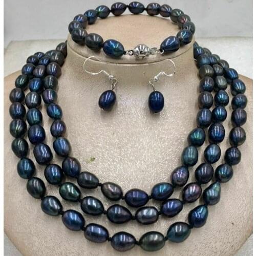 48inch 9-10MM TAHITIAN NATURAL Rice shape BLACK PEARL NECKLACE Bracelet earring