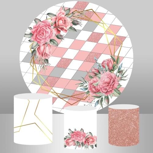 Watercolor Pink Flower Round Backdrop Baby Shower Circle Background Birthday Party Decoration Wedding Party Table Plinth Cover