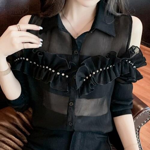 Ruffled Off-shoulder Trendy Sexy Long-sleeved Shirts Summer New Chiffon Sunscreen Women Blouses Top Blusas Mujer De Moda 15389
