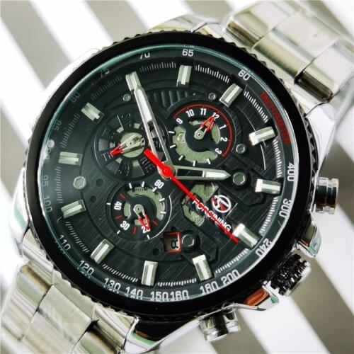 Forsining Silver Black Mens Mechanical Watches Multifunction Military Army Sport Steel Strap Automatic Clock Relogio Masculino