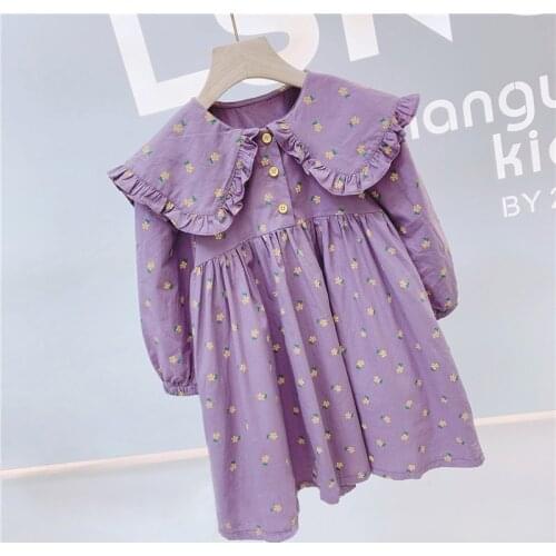 Girls Dress New Lovely Princess Dress Spring Autumn Stitching Lotus Leaf Lapel Long Sleeve Kids Children Girls Dress