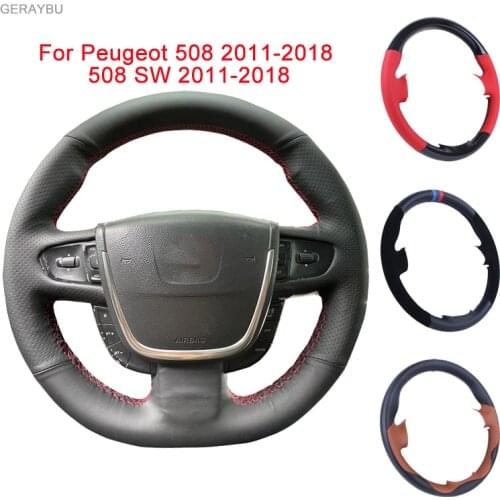 GERAYBU Custom DIY Black Leather Hand-sewn Car Steering Wheel Cover For Peugeot 508 2011-2018 508 SW Breathable Wear-resistant