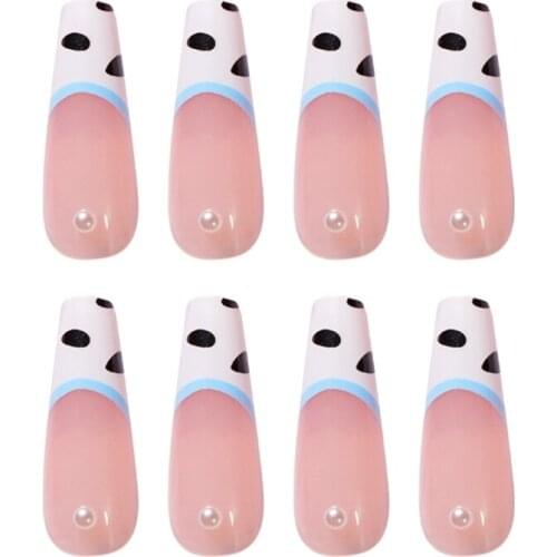 Coffin Fake Nails 24Pcs Long Nude False Nails Cow Press on Nails Pearl Acrylic Nail Art Tips for Women and Girls