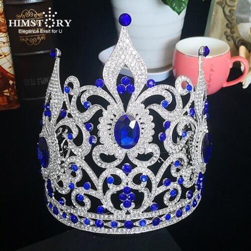 HIMSTORY New Blue Queen Luxury Crystal Rhinestone Tiara Headband For Wedding Large Crown Hair Accessories Bride Hair Accessories