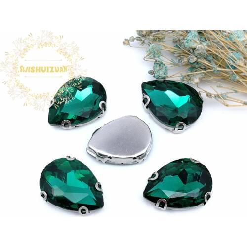 Best-selling!Malachite green Water drop shape Glass Crystal sew on rhinestones with D-SHAPE claw Diy Wedding dress and Shoe