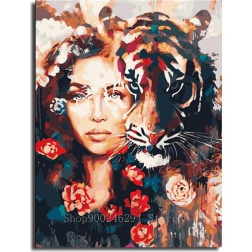 Painting diamonds round Mosaic Art Colored woman and tiger diamond Embroidery Square 5d Diy Diamond Painting Cross Stitch FF1604