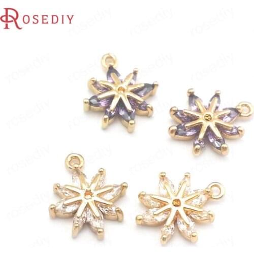 6PCS 10x12MM 24K Champagne Gold Color Brass and Zircon Flower Snowflake Charms Pendants Jewelry Making Supplies Accessories