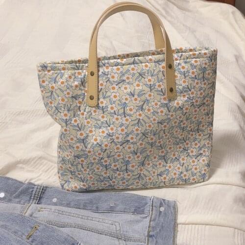 Small Yellow Flower Portable Cotton Bag Womens Thickened Zipper Small Square Bag Sweet Fresh Cream Flowers Shopping Bag