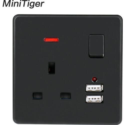 Minitiger Black Wall Power Socket 13A UK Standard Switched Outlet 2.1A Dual USB Fast Charger Port LED indicator