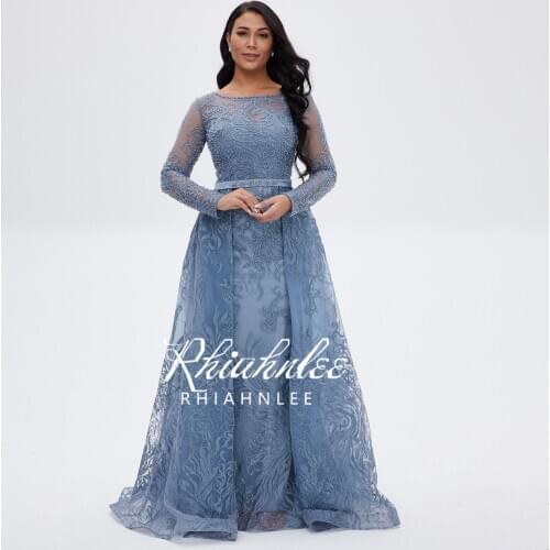 New Arrive Long Sleeve Luxury Beading Evening Dresses Soft Lace Mermaid Dubai Party Gowns