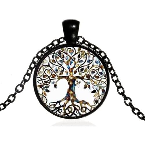 Classic Wisdom Tree Round Glass Pendent Necklace Fashion Plant Painting Leaf Necklace for Women Men Girls Kids Neck Jewelry Gift