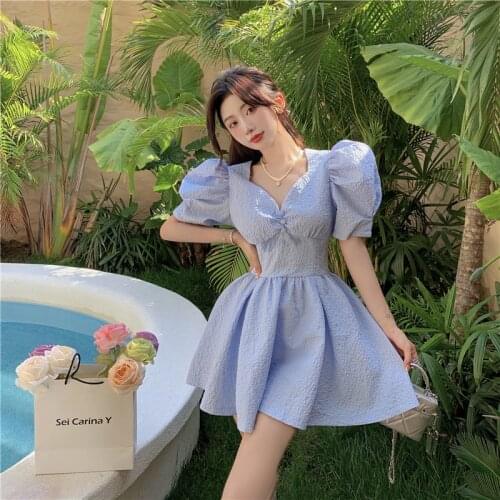 Dress summer new female sweet puff sleeve French princess dress slim waist short dresses