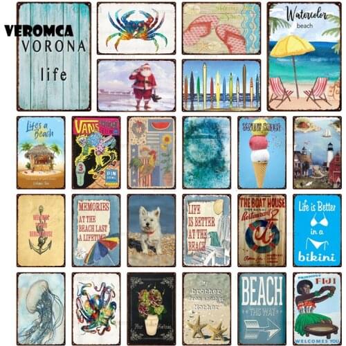 Beach Tin Sign Plaque Metal Summer Sea Sign Metal Plate Wall Decor for Beach Bar Beach House Surf Club Decorative Iron Painting
