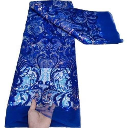 Luxury Sequins Lace Royal Blue Fabric French Wedding Dress Latest Nigeria Cotton Embroidery White Good Price With Stones New