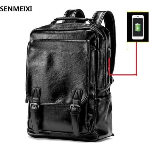 Mens PU Leather Black Laptop Backpack Waterproof Usb Charging Lightness Back Bags Travel School Outdoor Bagpacks Man New 2021