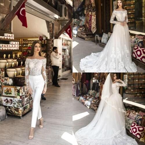 Jumpsuits Wedding Dresses With Detachable Train Long Sleeve Bridal Dresses 2020 Off Shoulder Wedding Gowns