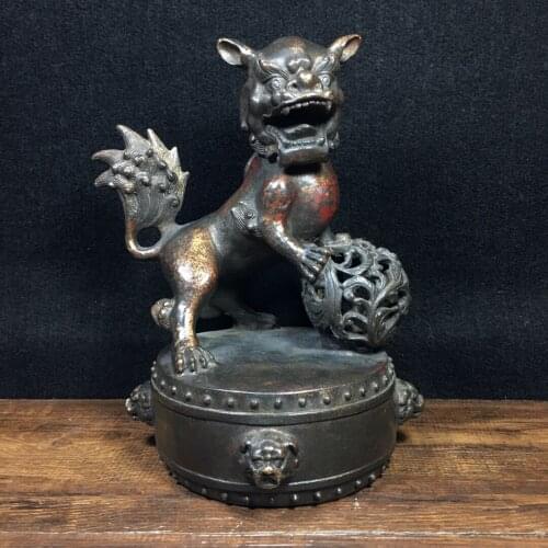 9" Tibet Buddhism Old Bronze Lacquer Cinnabar Drum Lion lion statue Lion playing ball Town House Exorcism Ward off evil spirits