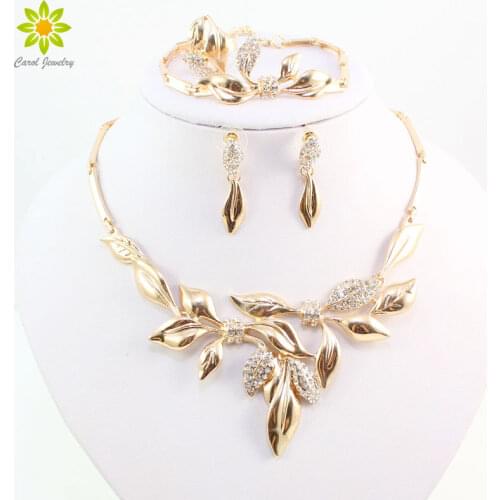 Unique Design African Fashion Costume Rhinestone Leaves Shap Necklace Sets Gold Color Wedding Bridal Costume Jewelry Sets
