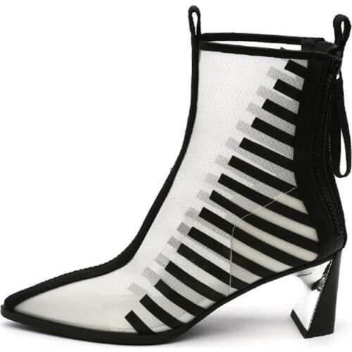 Pointed Toe Women Summer Boots White Mixed Black Mesh Chelsea Booties Fashion Short Botines Mujer 2019 Spring Square High Heels