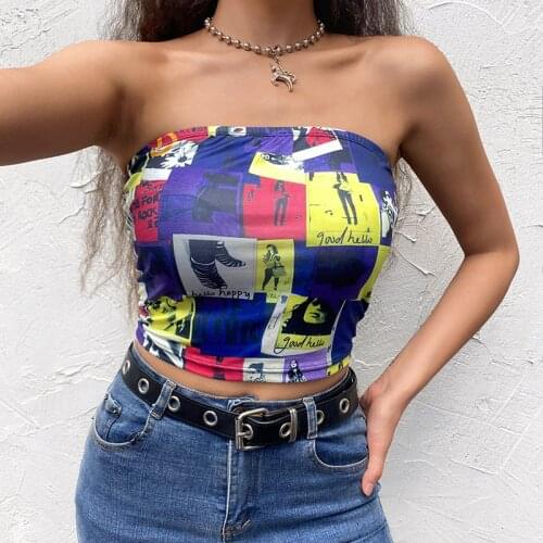 Womens Summer Bandeau Crop Tops Sleeveless Strapless Portrait Letter Print Stretchy Tube Tops Support Wholesales
