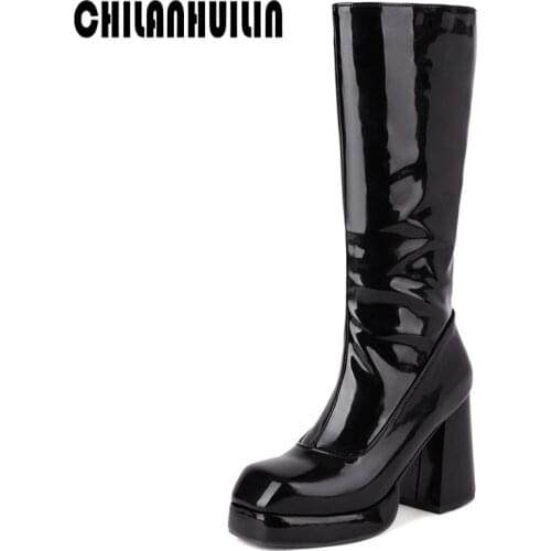 American European pop patent leather shoes woman knee high boots autumn winter high heel black red zipper boots woman warm boots