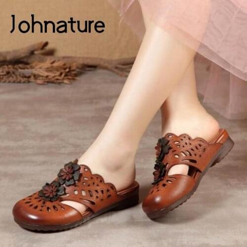 Johnature Genuine Leather Women Slippers 2021 New Summer Shoes Leisure Outside Slides Sewing Handmade Concise Ladies Slippers