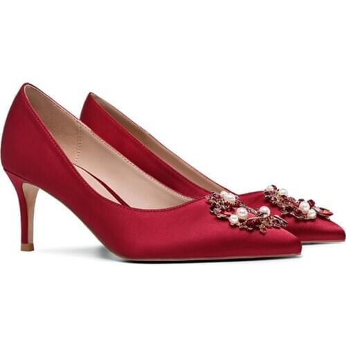 Size 33-42 Women Bridal Wedding Shoes Faux Silk Satin RhinestoneHeel Crystal Shallow Woman Pumps Pointed Asakuchi Stiletto Red